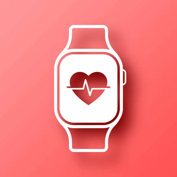 Vector illustration of Smartwatch with health app. Icon on Red background with shadow