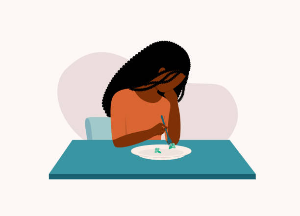 Depressed Black Woman Not Feeling Hungry And Just Eating Broccoli For Meal. Eating Disorder. Young Depressed Black Woman Lose Her Appetite And Just Eating A Small Amount Of Food. Isolated On Color Background. eating disorder stock illustrations