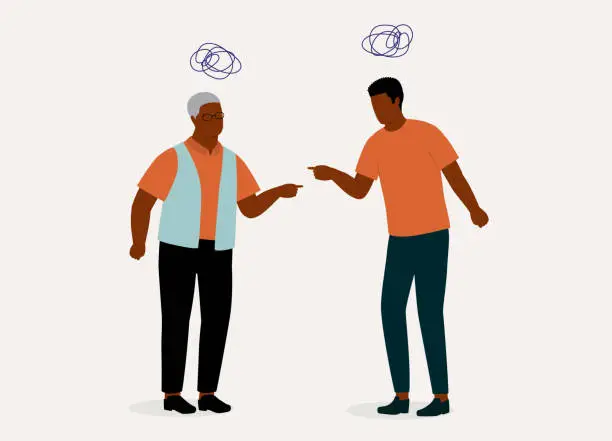 Vector illustration of Angry Black Elderly Father And Son Fighting With Each Other. Disagreement.