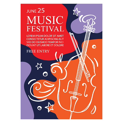 CLASSICAL MUSIC FESTIVAL Vertical Banner Concert Poster With Cello And Invitation Text On Abstract Colorful Background Hand Drawn Vector Sketch For Print