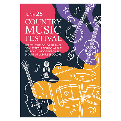 COUNTRY MUSIC FEST Vertical Banner Concert Poster With Cello Guitar Banjo And Drums Invitation Text On Abstract Colorful Background Hand Drawn Vector Sketch