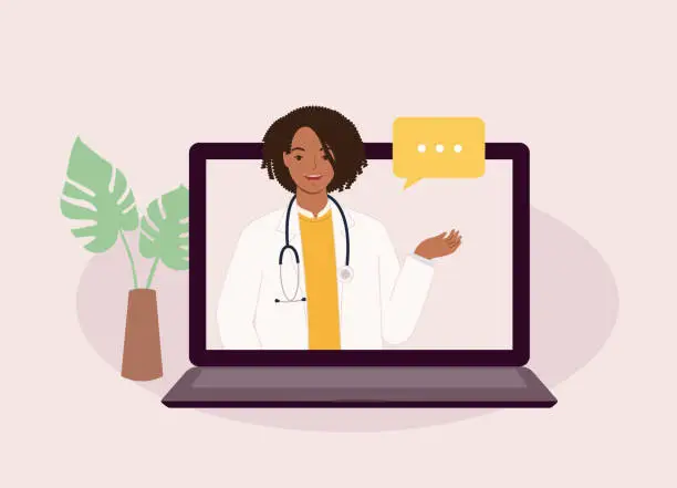 Vector illustration of Black Female Doctor Giving Online Medical Advice. Telemedicine. Telehealth.
