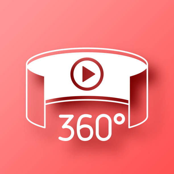 360度ビュー - バーチャルリアリティ。赤い背景に影付きのアイコン - red background video点のイラスト素材／クリップアート素材／マンガ素材／アイコン素材