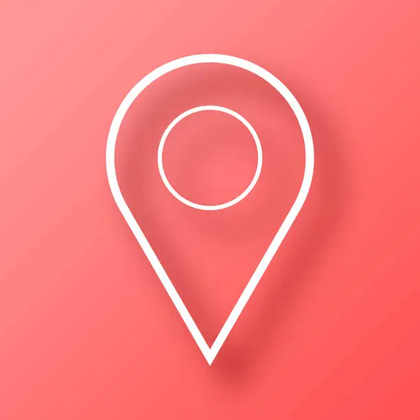 Vector illustration of Map pin. Icon on Red background with shadow