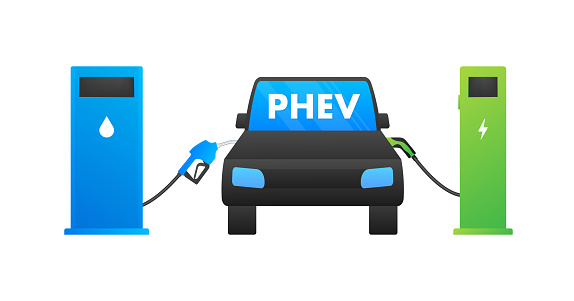 PHEV icon. Plug-in hybrid electric vehicle. Electric energy and fuel engine. Vector stock illustration.