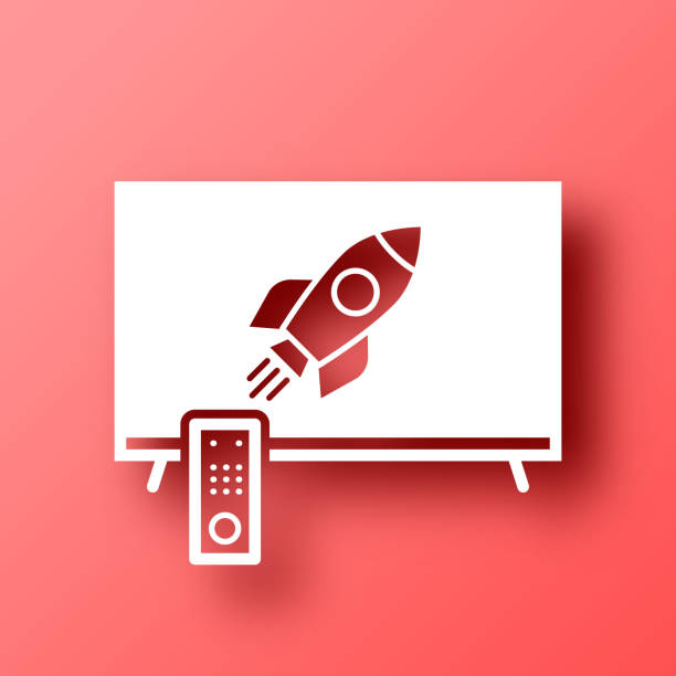 TV with rocket. Icon on Red background with shadow White icon of "TV with rocket" isolated on a trendy color, a bright red background and with a dropshadow. Vector Illustration (EPS file, well layered and grouped). Easy to edit, manipulate, resize or colorize. Vector and Jpeg file of different sizes. Missile stock illustrations