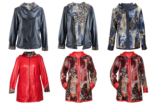 Collage set of three stylish elegant and luxurious female blue woman leather jackets and three red leather coats in various views isolated. Double-sided portable woman clothes.