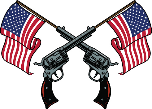 Illustration of crossed revolvers with american flag. Design element for label, design. Vector illustration