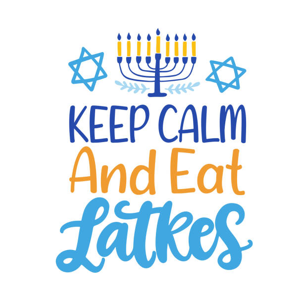 Happy Hanukkah banner template design Happy Hanukkah banner template design. Keep calm and eat latkes. Jewish holiday Greeting Card with funny hand lettering sayings, Menorah. Vector illustration isolated on white background baptismal font stock illustrations