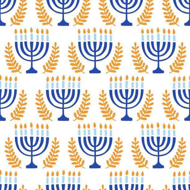 ilustraciones, imágenes clip art, dibujos animados e iconos de stock de patrón sin fisuras de feliz hanukkah - hanukkah menorah candle blue