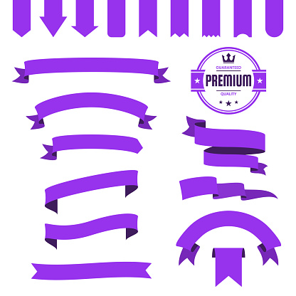 Set of Purple ribbons, banners, badges and labels, isolated on a blank background. Elements for your design, with space for your text. Vector Illustration (EPS10, well layered and grouped). Easy to edit, manipulate, resize or colorize.