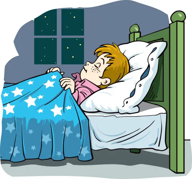 Vector illustration of Cute little kid boy sleep in the night