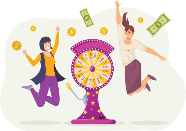 ilustrações de stock, clip art, desenhos animados e ícones de excited happy woman winning money at wheel of fortune. lucky players won jackpot in casino, money flying around them. gambling, game of chance, luck - wheel incentive spinning luck