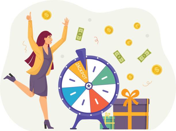 ilustrações de stock, clip art, desenhos animados e ícones de excited happy woman winning money and gift at wheel of fortune. lucky player won jackpot in casino, money flying around them. gambling, game of chance, luck - wheel incentive spinning luck