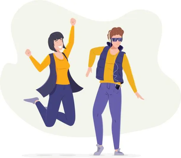 Vector illustration of Cheerful teenagers boy and girl listening music and dancing. Young modern students in trendy clothes having leisure time together and relaxing. Guy listening music In headphones