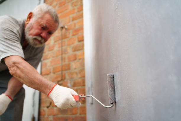 istock selective focus. an elderly man paints the metal garage door with a roller. 1441346409