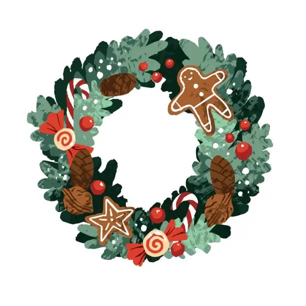 Vector illustration of Christmas door wreath design for winter holiday. Fir branch circle decor with gingerbread, ginger cookies, cones, nuts, candy canes and lollies. Flat vector illustration isolated on white background