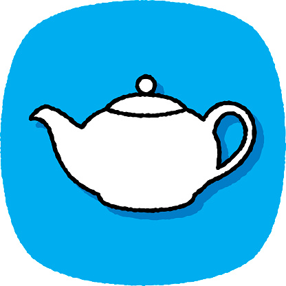 Vector illustration of a hand drawn white teapot against a blue background with textured effect.