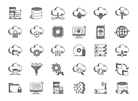 Cloud Computing Hand Drawn Vector Doodle Line Icon Set
