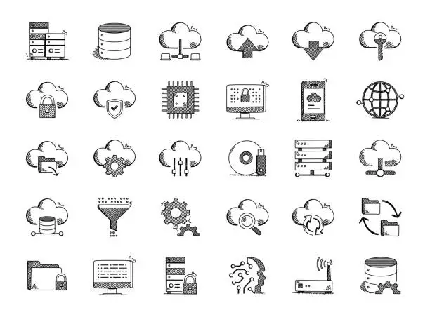 Vector illustration of Cloud Computing Hand Drawn Vector Doodle Line Icon Set