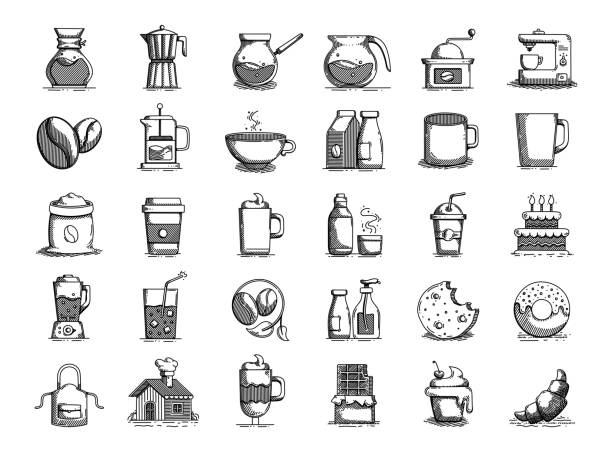 illustrazioni stock, clip art, cartoni animati e icone di tendenza di set di icone della linea di doodle vettoriale disegnata a mano del caffè - coffee coffee bean coffee grinder cup