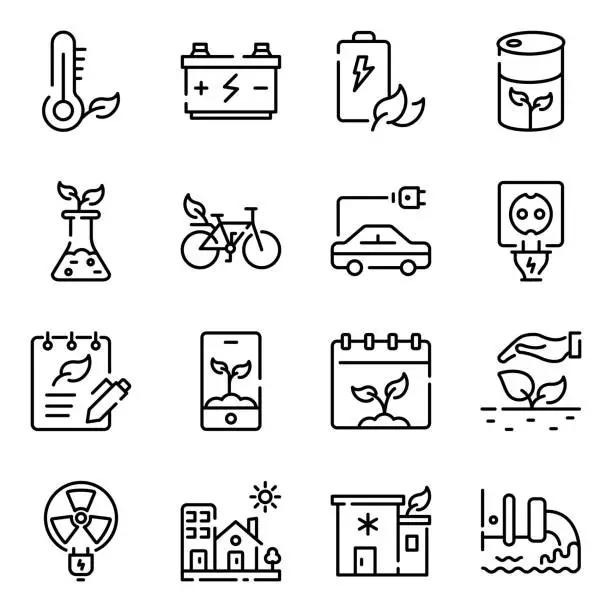 Vector illustration of 16 Trendy Eco Energy and Farming Linear Icons