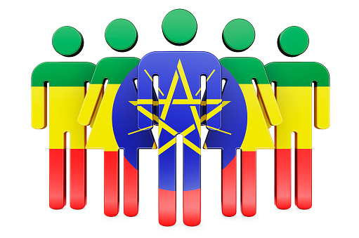 Stick figures with Ethiopian flag. Social community and citizens of Ethiopia, 3D rendering isolated on white background