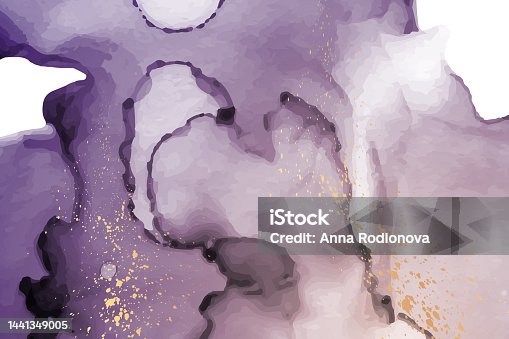 istock Watercolor background with abstract purple ink stains and golden splashes. 1441349005