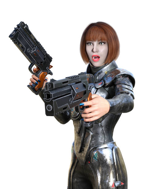 istock futuristic woman soldier armed with guns, 3d illustration 1441349082