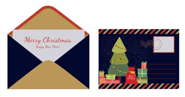 ilustrações, clipart, desenhos animados e ícones de um envelope com um cartão postal e a inscrição feliz natal e ano novo. um envelope com uma imagem de caixas de presente na árvore de natal. ilustração vetorial. - mail cheerful new surprise