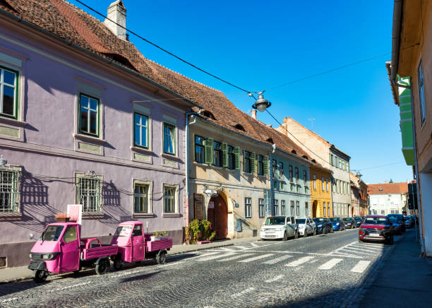 Sibiu town, Romania - 22 October, 2022: Street in Sibiu.  Transylvania, Romania, Europe.