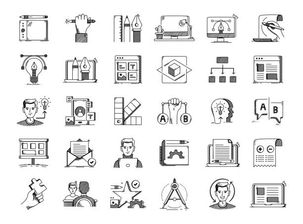 ilustrações de stock, clip art, desenhos animados e ícones de design thinking hand drawn vector doodle line icon set - skill business webdesign measuring