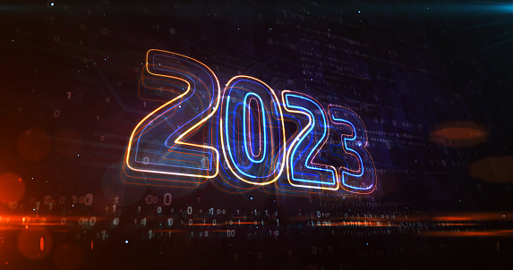 2023 year new digital design concept. Futuristic abstract 3d illustration. Cyber space style.