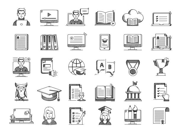 illustrazioni stock, clip art, cartoni animati e icone di tendenza di e-learning disegnato a mano vector doodle line icon set - teaching music learning sign