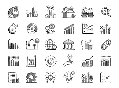 Economy Hand Drawn Vector Doodle Line Icon Set