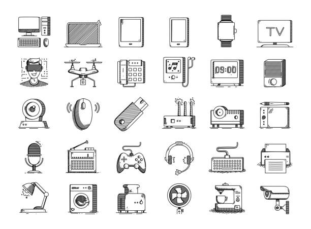 stockillustraties, clipart, cartoons en iconen met electronics and devices hand drawn vector doodle line icon set - ketel huishoudelijk apparaat
