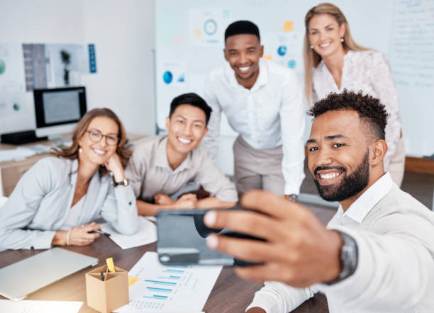 istock Business team, selfie and teamwork during data analysis meeting with accounting people planning strategy and discussing growth report. Diversity, motivation and social media picture of men and women 1441352194