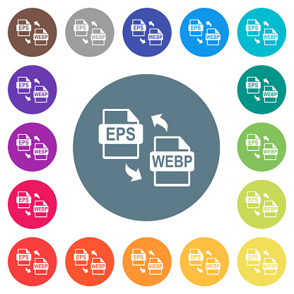 EPS WEBP file conversion flat white icons on round color backgrounds. 17 background color variations are included.