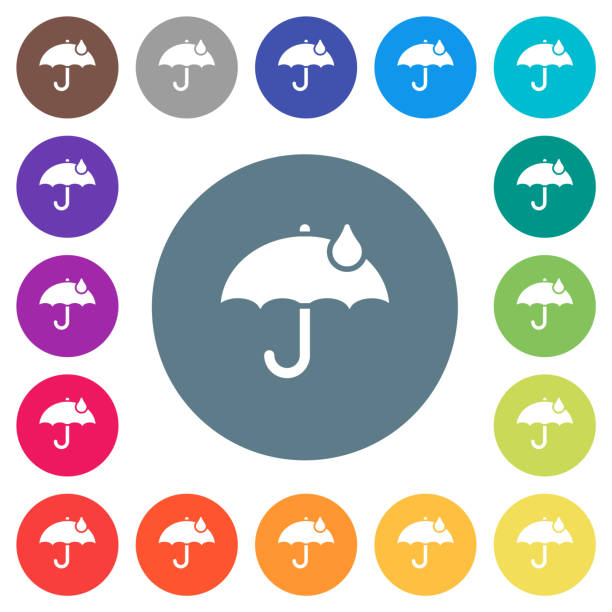 Umbrella with single raindrop solid flat white icons on round color backgrounds Umbrella with single raindrop solid flat white icons on round color backgrounds. 17 background color variations are included. aegis stock illustrations