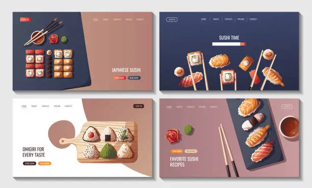 Vector illustration of Set of web pages with mix of sushi and sushi rolls, onigiri. Japanese food