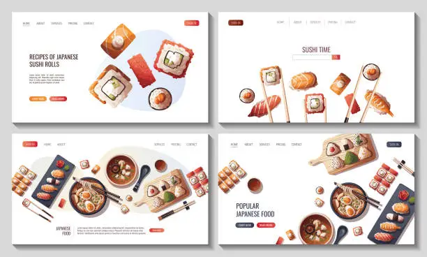 Vector illustration of Set of Web pages with Sushi, Miso soup, ramen, onigiri. Japanese food