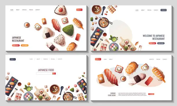 Vector illustration of Set of Web pages with Sushi, Miso soup, ramen, onigiri, dango, mochi, matcha tea.