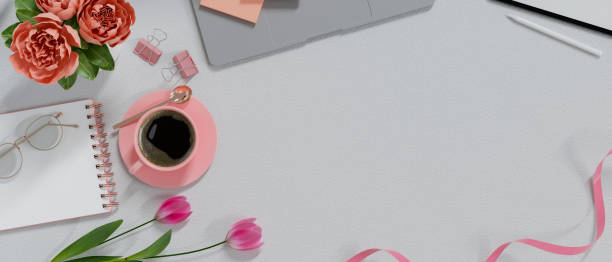 istock Top view, Beautiful feminine workspace with copy space on white background 1441356125