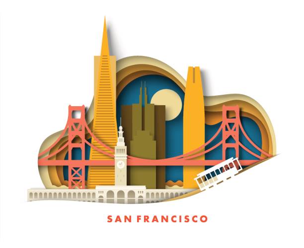 San Francisco California city in USA vector San Francisco California city in USA travel landscape vector illustration in paper cut craft art origami style. Panorama of famous skyscraper tower building architecture and bridge landmark silicon valley stock illustrations