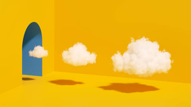 istock 3d rendering, abstract minimalist yellow background with the row of three white clouds flying out the tunnel 1441358819