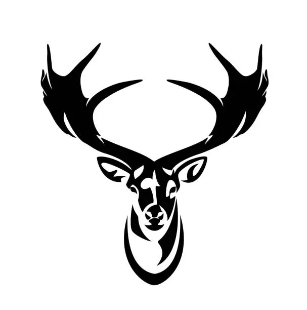 Vector illustration of front view deer stag head with large antlers black and white vector outline