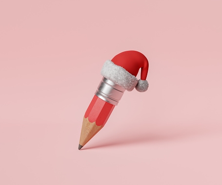 3D illustration of tiny pencil with Santa hat writing message on pink background