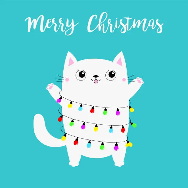 Vector illustration of Merry Christmas. White cat. Christmas lights set. Lightbulb garland line fairy light. Kawaii cartoon baby character. Cute kitten head face. Greeting card. Flat design. Blue background.