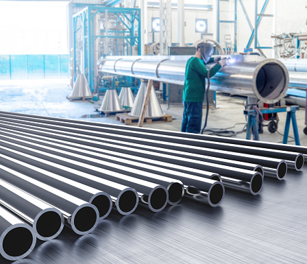 Steel shiny pipes in a row tubes 3d illustration with perspective and welding industry man working in factory