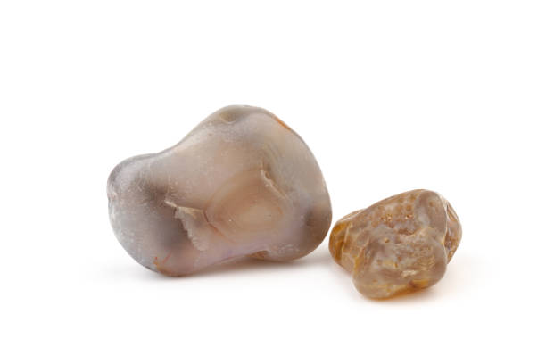 istock Multicolored gemstones, tumbled minerals. Bostwan agate of various sizes on a white background. 1441366550